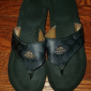 Black and Gray Coach Signature Wedged Slides